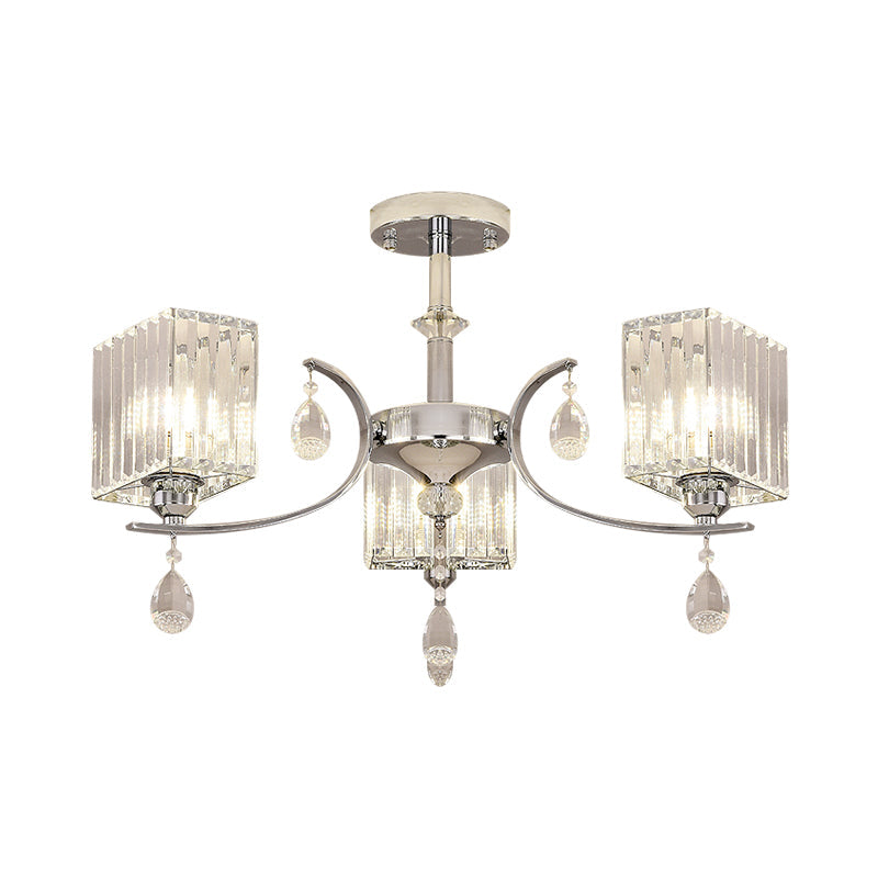 Contemporary Chrome Crystal Cuboid Ceiling Mount Chandelier - 3/6-Head Semi Flush Light