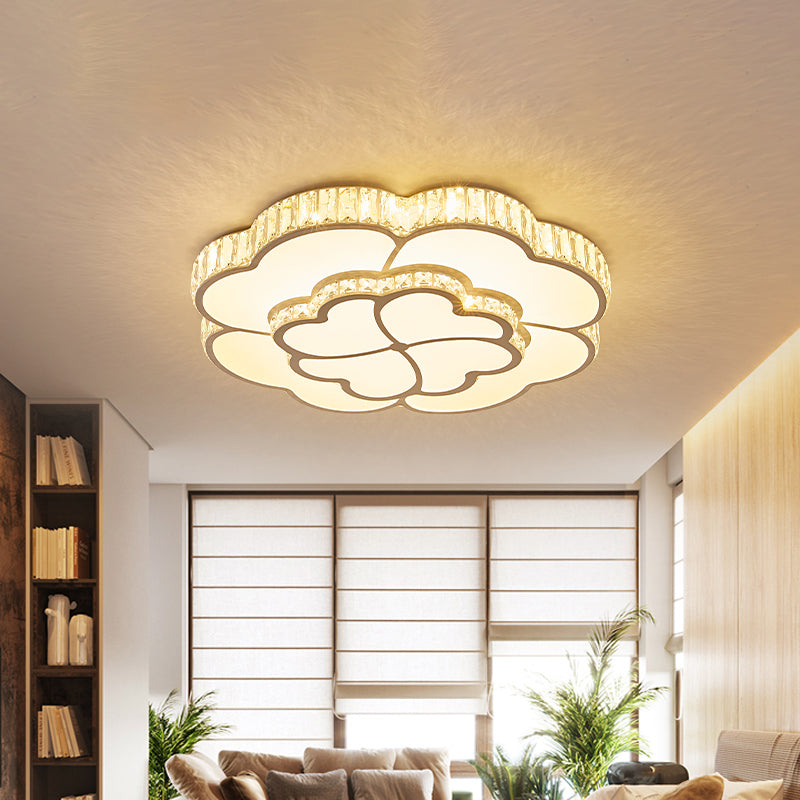 Modern 2-Layer Clover Crystal Flush Light LED Ceiling Lamp - White, 16"/19.5" Wide