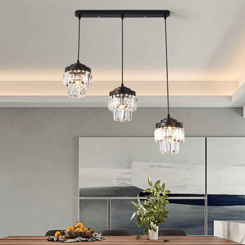 Modern Black Crystal Prism Pendant Lamp with 3 Heads and 2-Tier Cluster - Round/Linear Canopy
