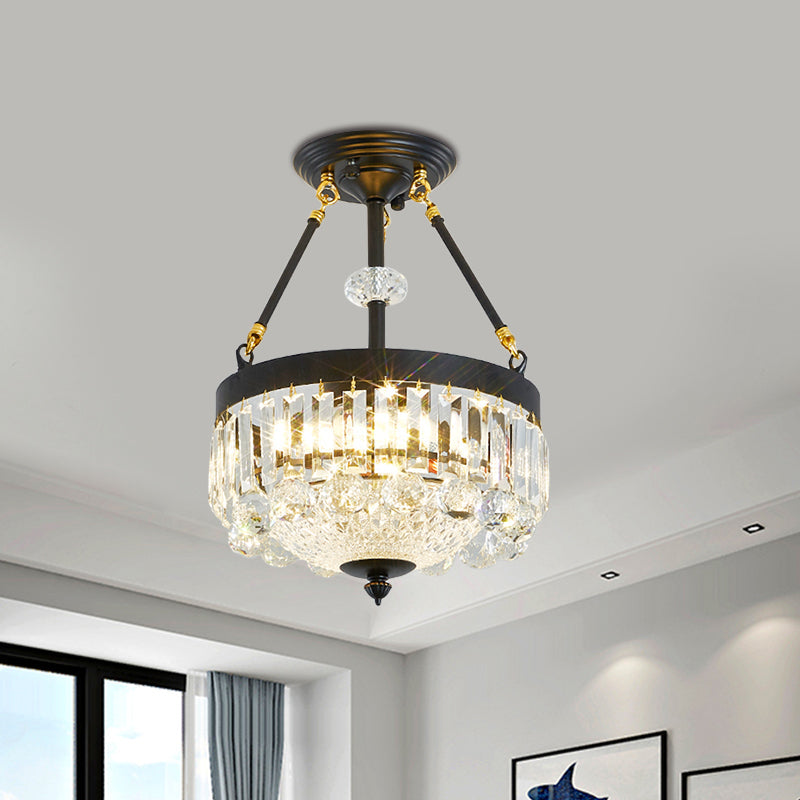 Contemporary Crystal Bowl Semi Flush Light - 4/6 Heads, 14.5"/18.5" Width, Ceiling Mount, Black Frame