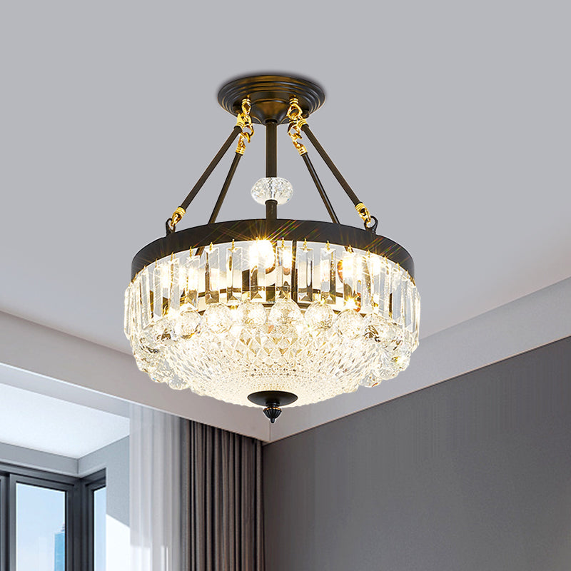 Contemporary Crystal Bowl Semi Flush Light - 4/6 Heads, 14.5"/18.5" Width, Ceiling Mount, Black Frame