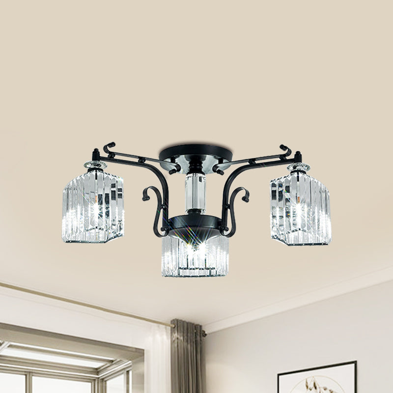 Modern Black Metal Ceiling Lamp: Scrolling Arm Semi Flush Mount with Clear Cubic Shade - Set of 3 Bulbs
