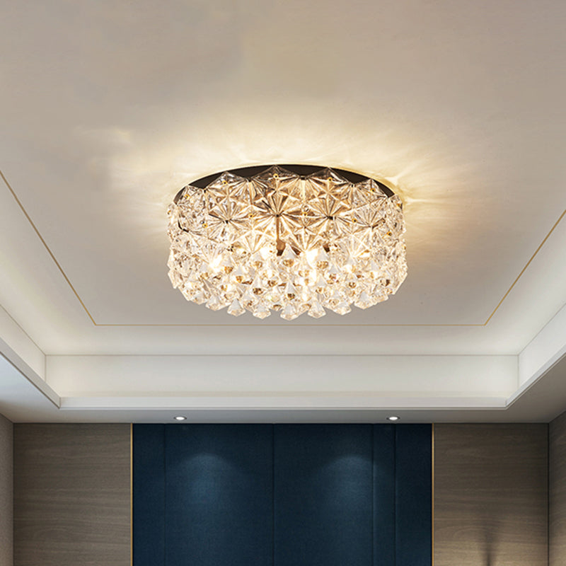 Modern Black Drum Ceiling Light Fixture with Hexagon Crystals - Flush Mount Lamp, 18"/21.5" W