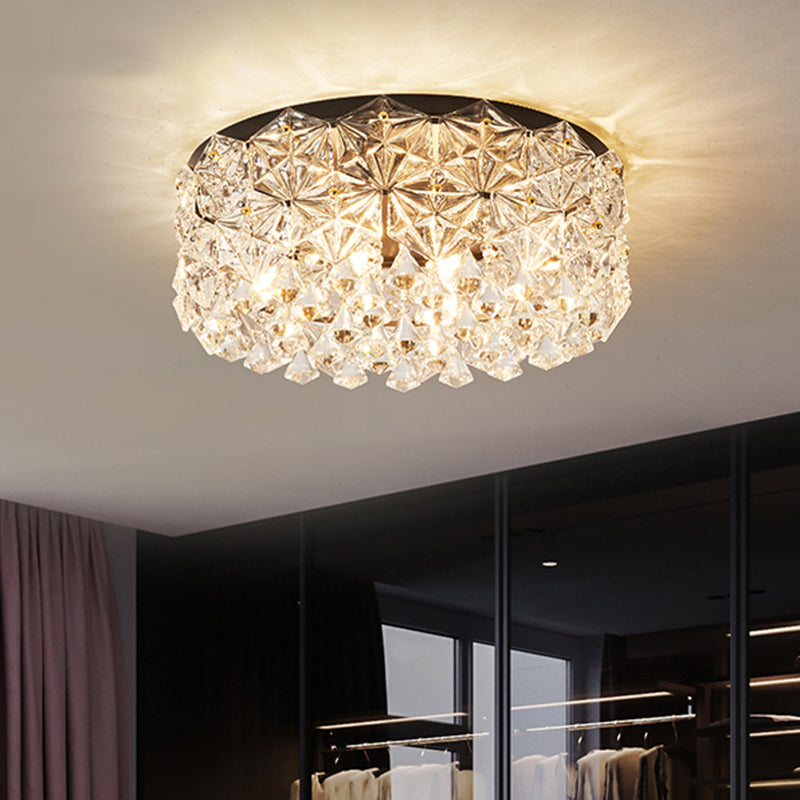 Modern Black Drum Ceiling Light Fixture with Hexagon Crystals - Flush Mount Lamp, 18"/21.5" W