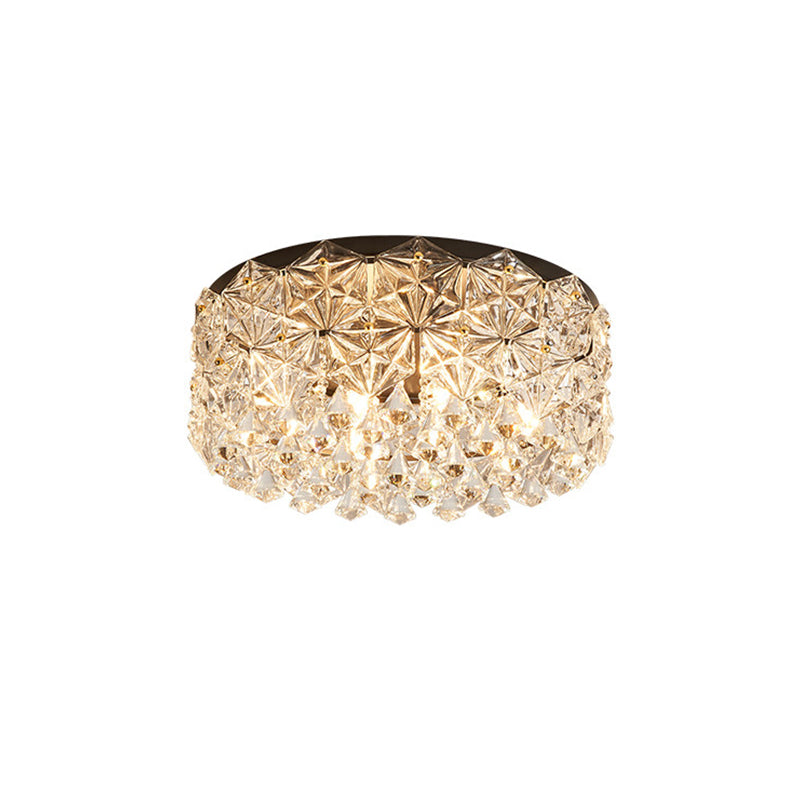 Modern Black Drum Ceiling Light Fixture with Hexagon Crystals - Flush Mount Lamp, 18"/21.5" W