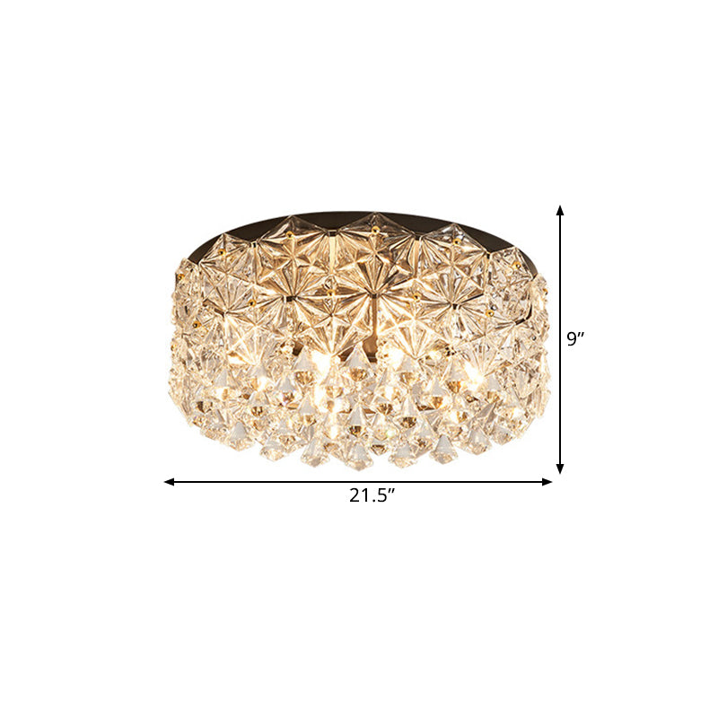 Modern Black Drum Ceiling Light Fixture with Hexagon Crystals - Flush Mount Lamp, 18"/21.5" W