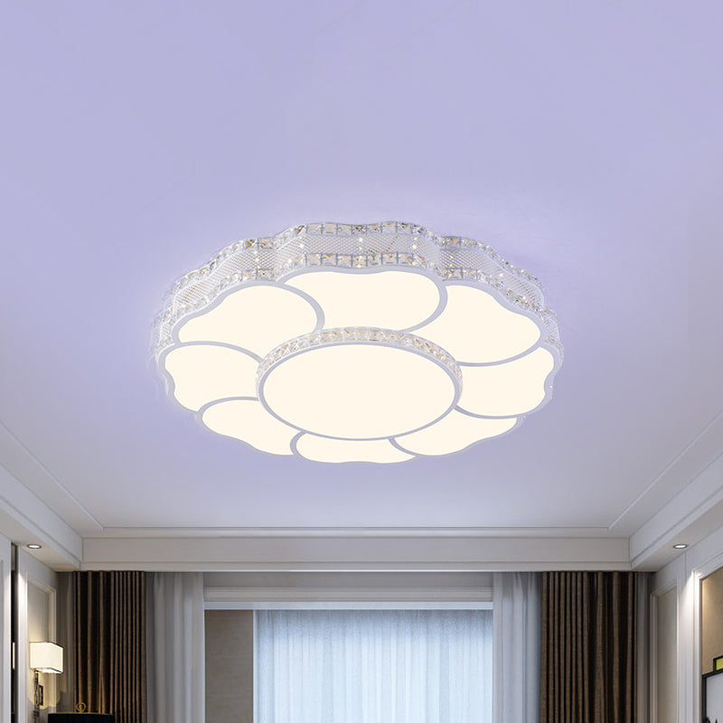 Contemporary Blossom LED Flush Light with Faceted Crystals - 23.5"/19.5" Wide, White