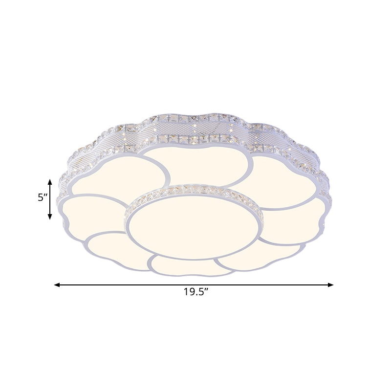 Contemporary Blossom LED Flush Light with Faceted Crystals - 23.5"/19.5" Wide, White