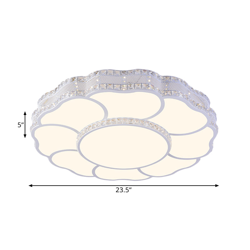 Contemporary Blossom LED Flush Light with Faceted Crystals - 23.5"/19.5" Wide, White