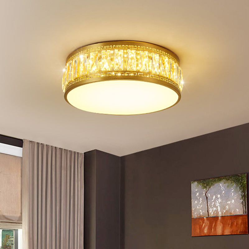 Modern LED Drum Flush Mount Lamp - Gold Finish, Rectangular-Cut Crystals, 19.5"/23.5" Width