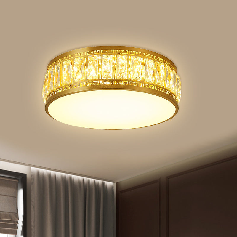 Modern LED Drum Flush Mount Lamp - Gold Finish, Rectangular-Cut Crystals, 19.5"/23.5" Width
