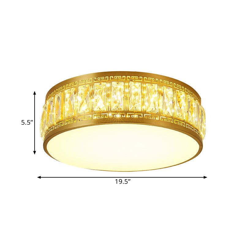Modern LED Drum Flush Mount Lamp - Gold Finish, Rectangular-Cut Crystals, 19.5"/23.5" Width