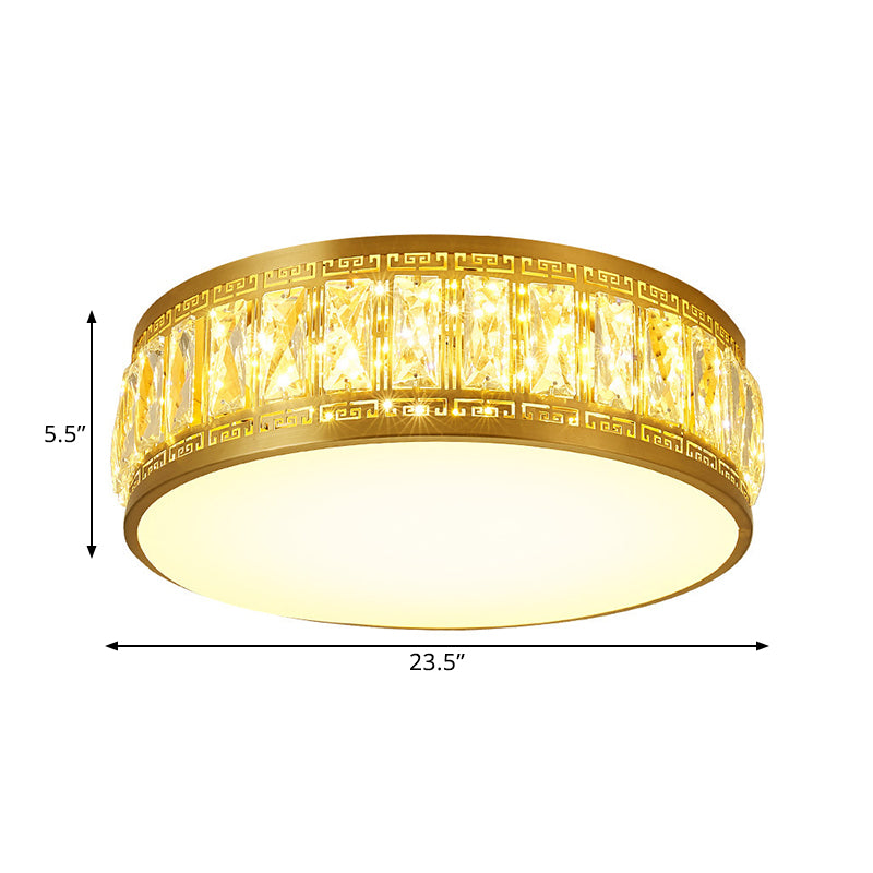 Modern LED Drum Flush Mount Lamp - Gold Finish, Rectangular-Cut Crystals, 19.5"/23.5" Width