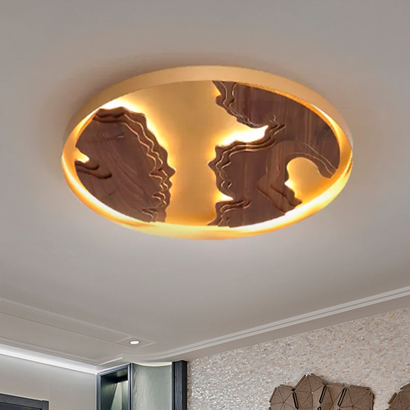 Contemporary Wood Gold/White Round LED Flush Mount Lamp for Living Room Ceiling - 16"/19.5"/23.5" Diameter