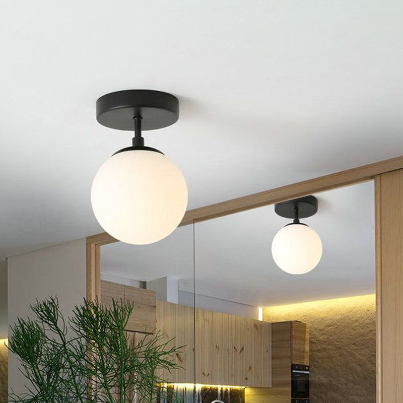 Minimalist Semi-Flushmount Brass/Black Close to Ceiling Light with Frosted Globe Glass Shade