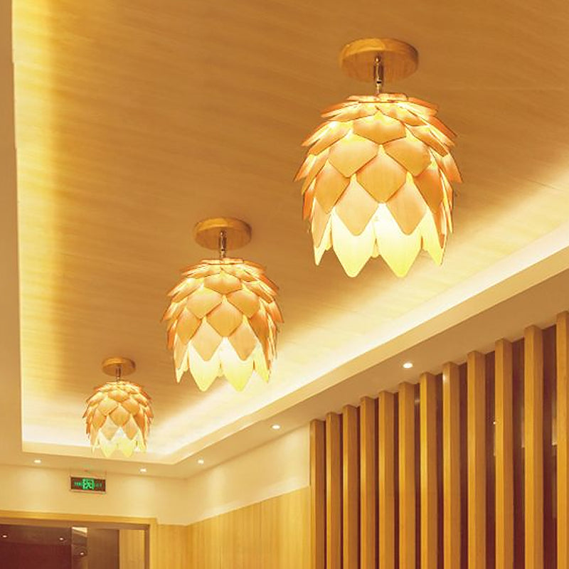 Modern Wooden Square/Trumpet/Pineapple Semi-Flush Ceiling Light - 1 Light Indoor Mount