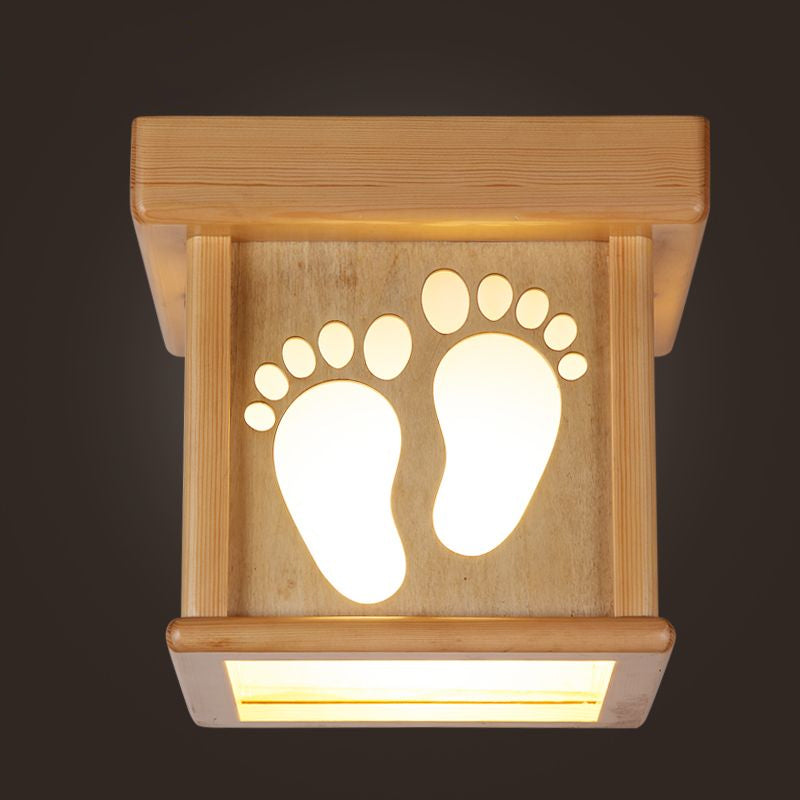 Nordic Wood Square Close to Ceiling Light - 10" W Flush Mount Fixture with Footprints for Dining Room