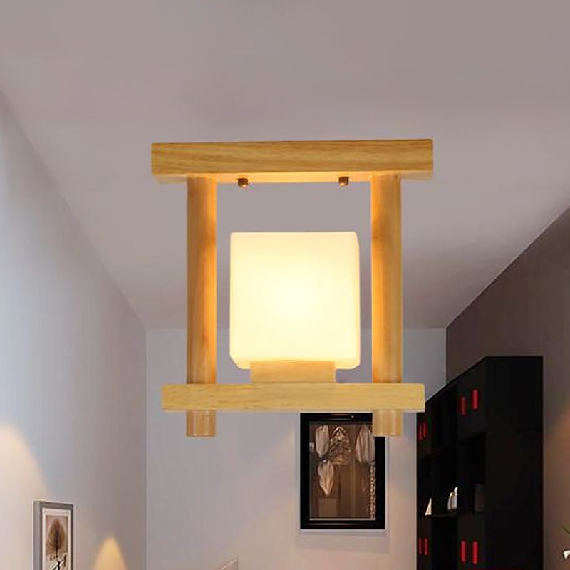 Frosted Glass Ceiling Flush Light - Contemporary Semi Flushmount Lamp for Staircase Wood Décor