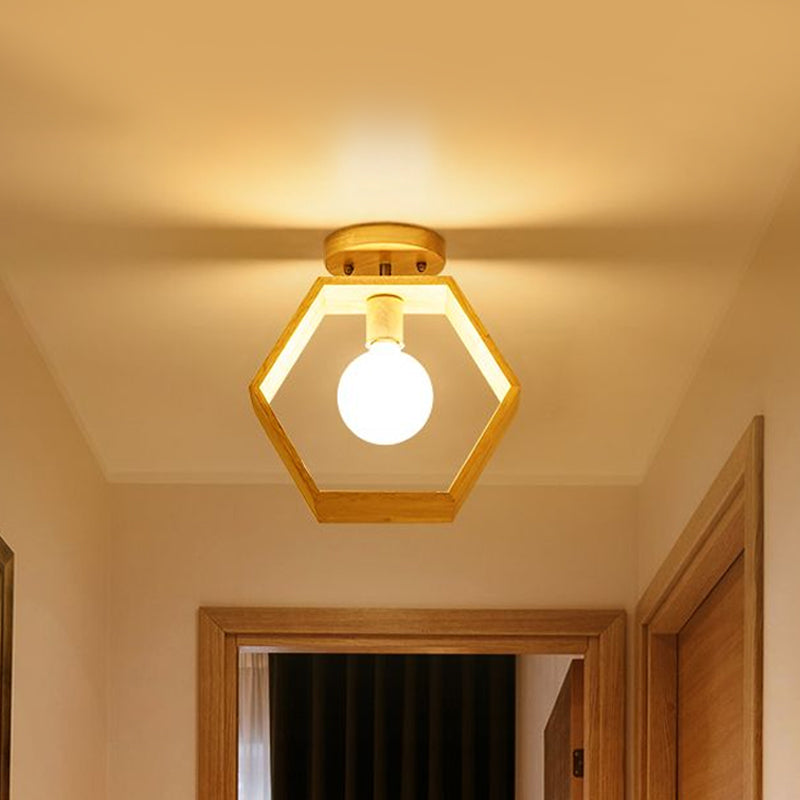Modern Wood Semi Flush Mount Light - Triangle/Square/Pentagon Shape with White Glass - 1 Head Ceiling Fixture