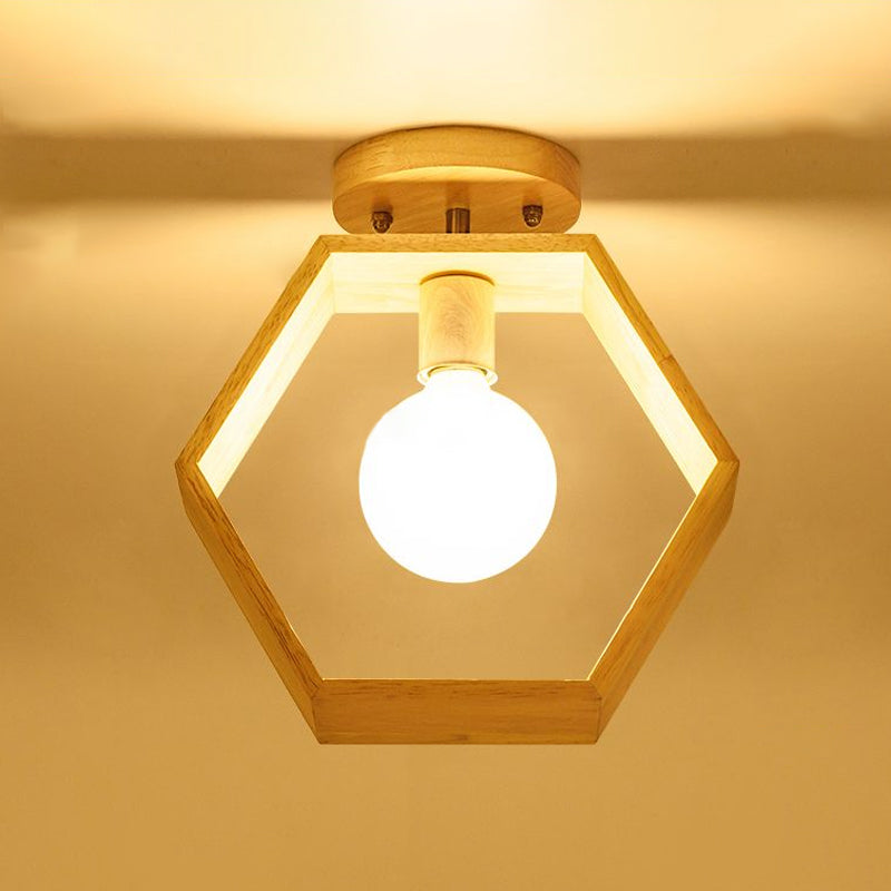 Modern Wood Semi Flush Mount Light - Triangle/Square/Pentagon Shape with White Glass - 1 Head Ceiling Fixture