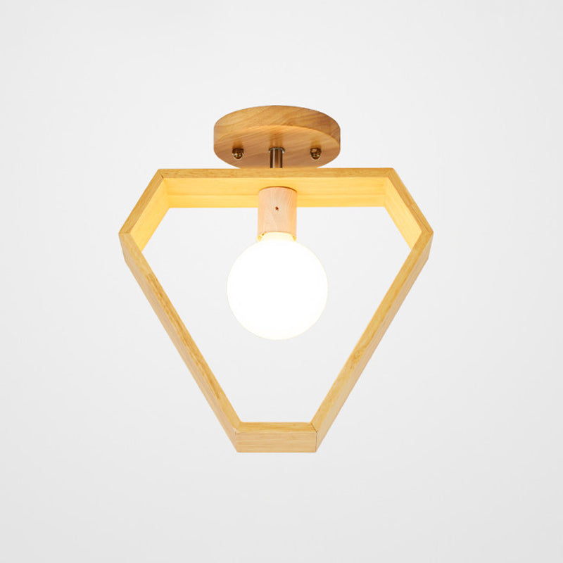 Modern Wood Semi Flush Mount Light - Triangle/Square/Pentagon Shape with White Glass - 1 Head Ceiling Fixture