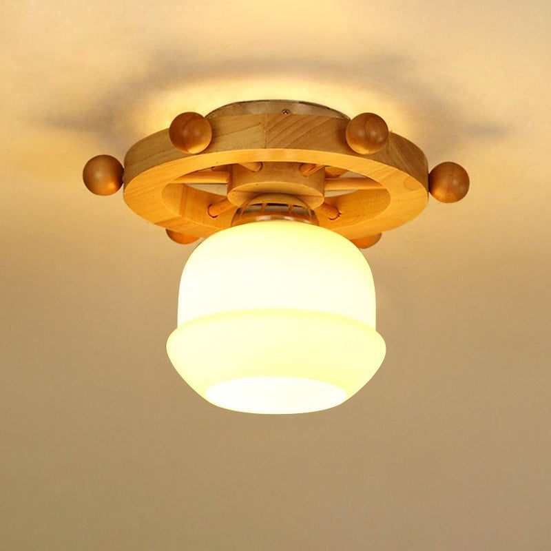 Nordic 1-Light White Glass Flushmount Ceiling Light with Wheel Backplate - Ideal for Bathrooms