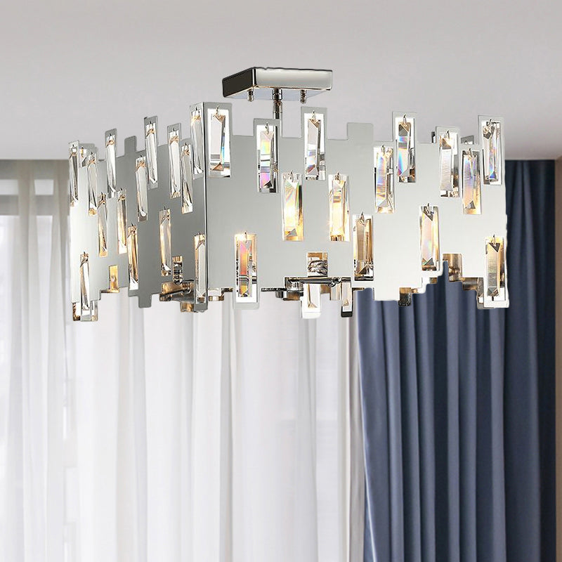 Contemporary 6-Lights Cubic Crystal Ceiling Chandelier - Chrome Finish with Adjustable Rod