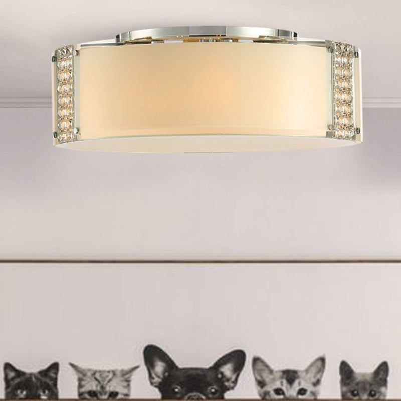 Modern Opal Glass Flush Mount Ceiling Light with Clear Crystal Accents - 8 Lights Drum Fixture