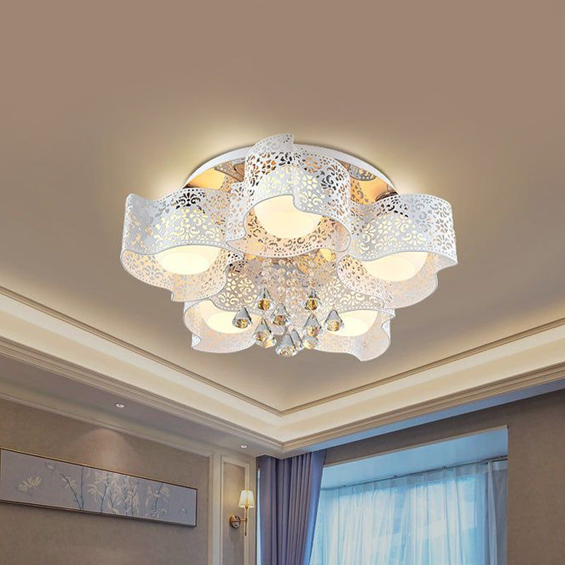 Modernist Crystal Ceiling Lamp with Etched Flower Design, 3/5 Lights, Opal Glass Ball Shade (Pink/White)