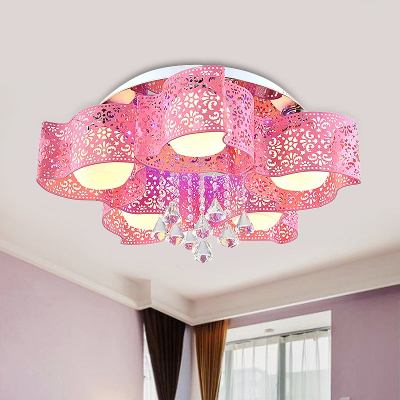 Modernist Crystal Ceiling Lamp with Etched Flower Design, 3/5 Lights, Opal Glass Ball Shade (Pink/White)