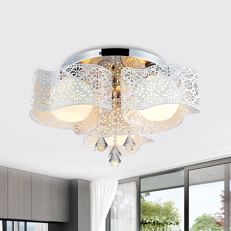 Modernist Crystal Ceiling Lamp with Etched Flower Design, 3/5 Lights, Opal Glass Ball Shade (Pink/White)
