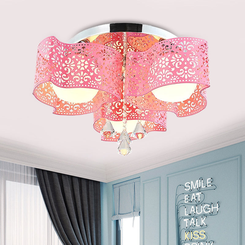 Modernist Crystal Ceiling Lamp with Etched Flower Design, 3/5 Lights, Opal Glass Ball Shade (Pink/White)