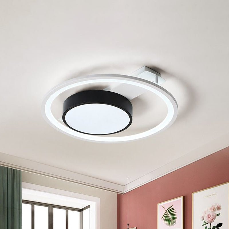 Modern Black and White LED Ceiling Light: Simple Drum Flush Lamp with Halo Ring, 16"/19.5" Wide