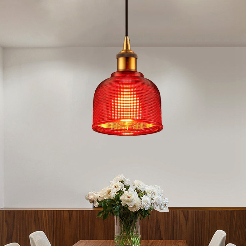 Stylish Grid Glass Pendant Light - Traditional 1 Head Hanging Lamp Cup Shade for Living Room and Cafe