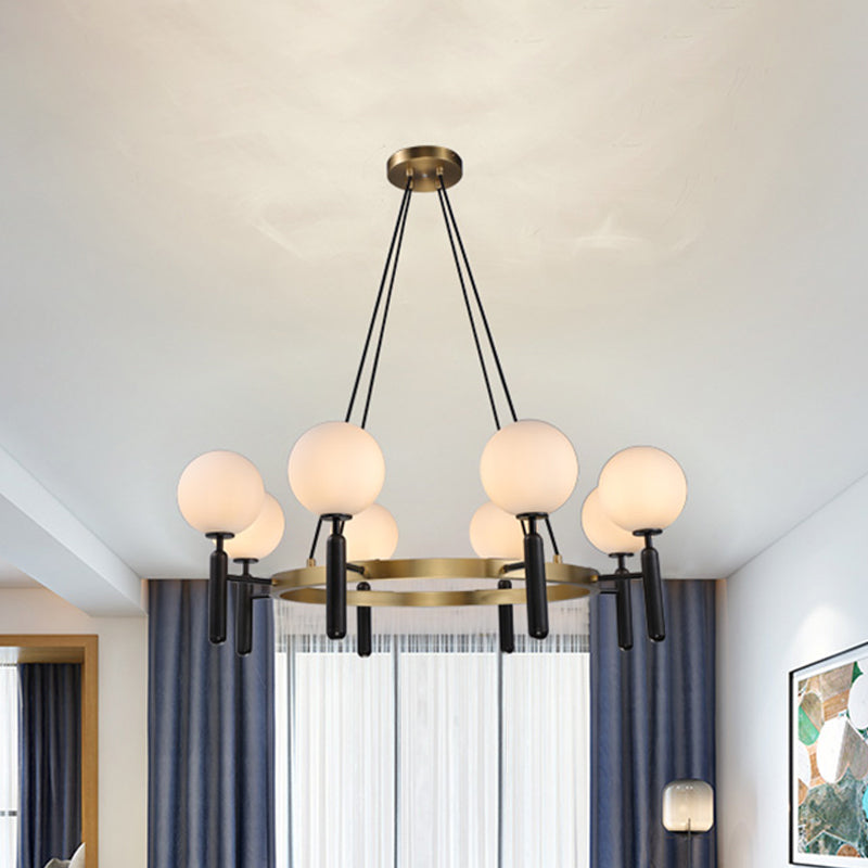 Modern White Glass Sphere Chandelier with Circular Design - 8 Lights - Black Hanging Fixture