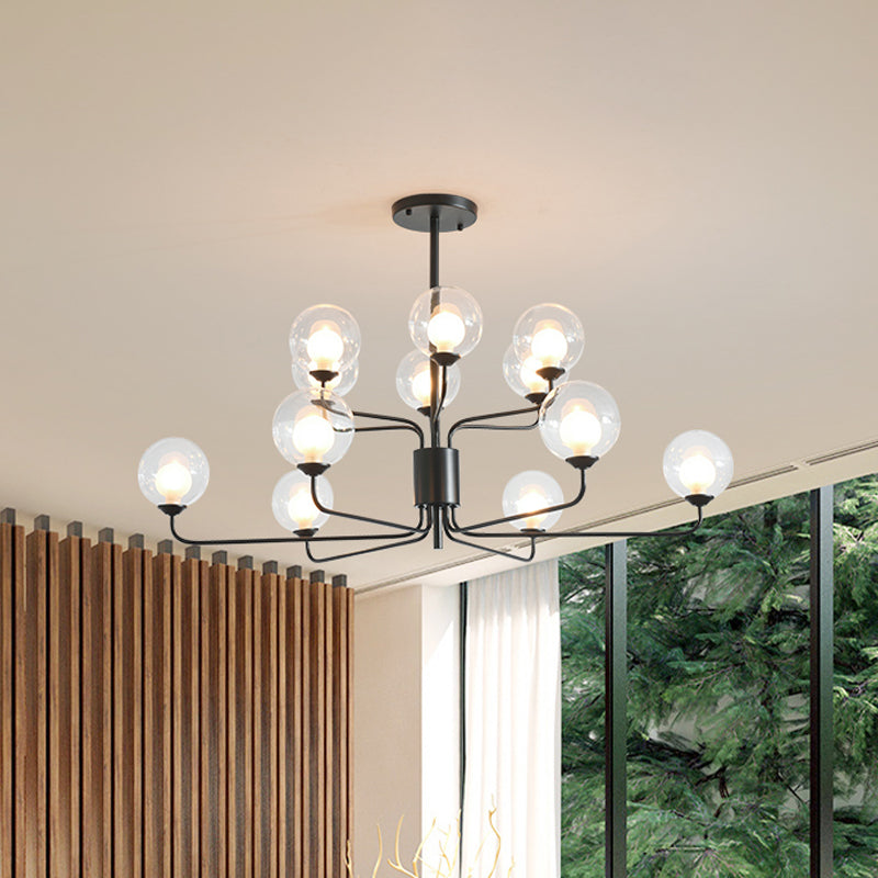 Contemporary 2-Tier Ball Clear Glass Chandelier with Radial Design - 8/12/18 Lights - Black/Gold Hanging Light Fixture