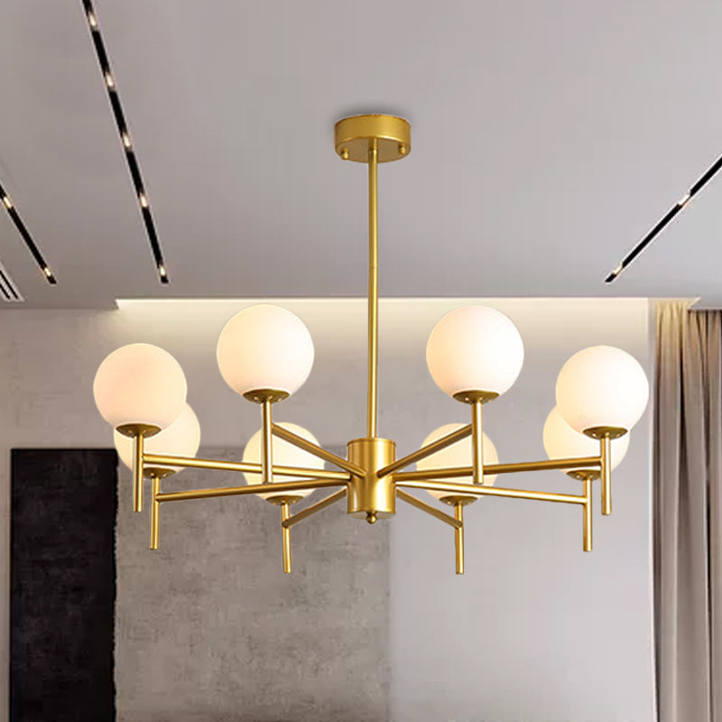 Contemporary Black/Gold Globe Chandelier with Radial Design - 6/8/9 Lights, Milk Glass Hanging Lamp