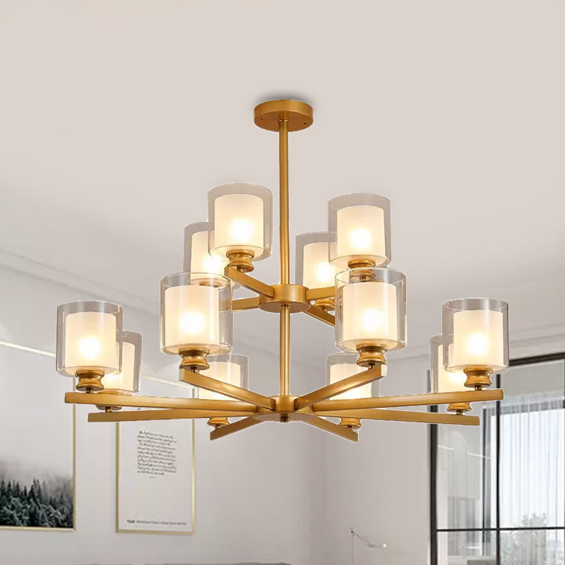 Lustre en verre blanc moderniste à 2 niveaux avec design radial - 12 lumières : luminaire suspendu noir/doré/argenté