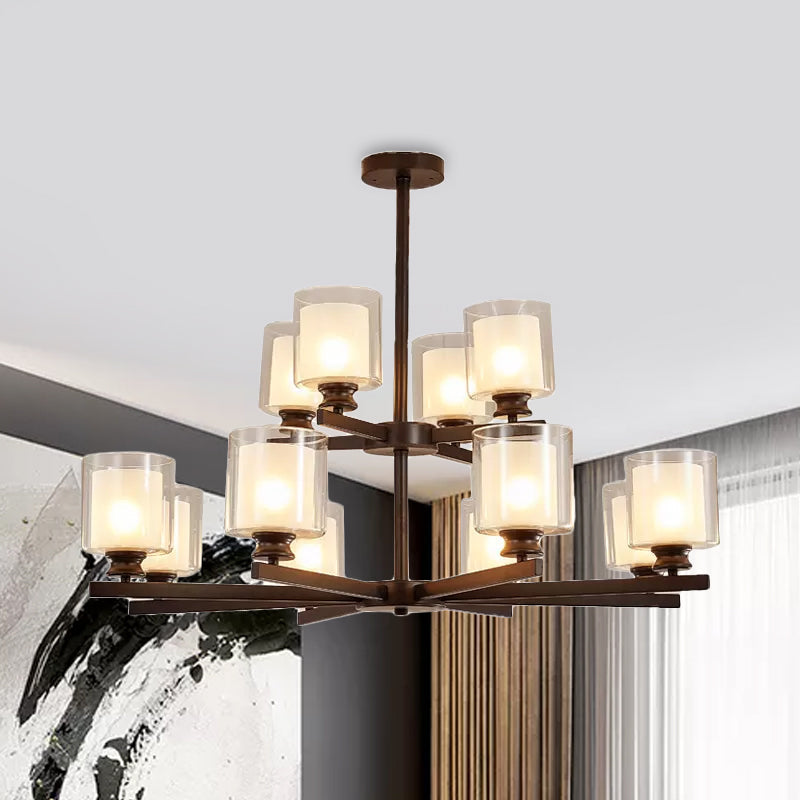 Lustre en verre blanc moderniste à 2 niveaux avec design radial - 12 lumières : luminaire suspendu noir/doré/argenté