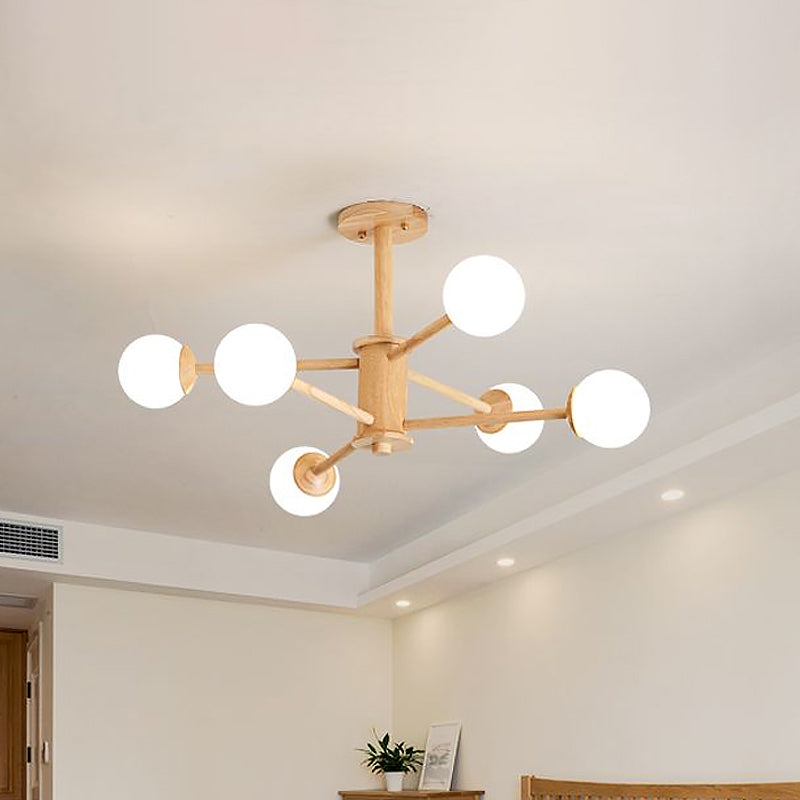 Lustre contemporain en bois en forme d'étoile avec abat-jour en boule de verre - Finition bois naturel - 6/8/12 lumières