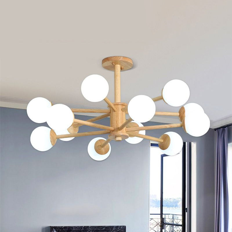 Lustre contemporain en bois en forme d'étoile avec abat-jour en boule de verre - Finition bois naturel - 6/8/12 lumières