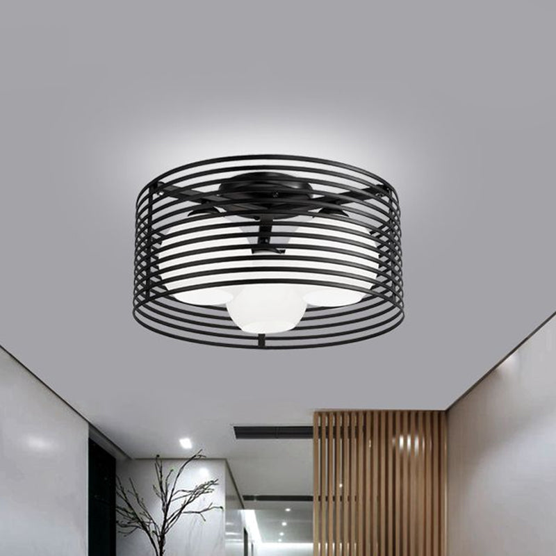 Lampe semi-encastrée en métal nordique à 3 lampes avec cage ronde en fer pour plafond de chambre - Noir/blanc