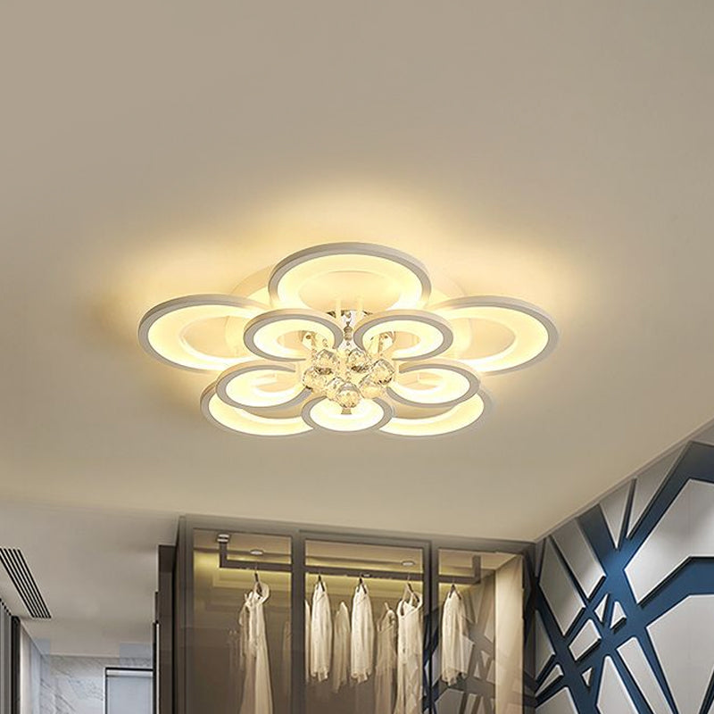 Contemporary Acrylic Flush Mount Ceiling Light with Crystal Drop - Multi-Layer Circular Design (10/12/16 Lights, White)