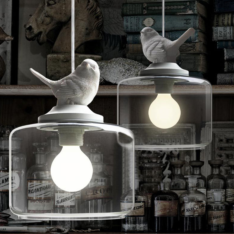 Modernist 5-Light Clear Glass Pendant with Bird Design - Cylindrical Shape
