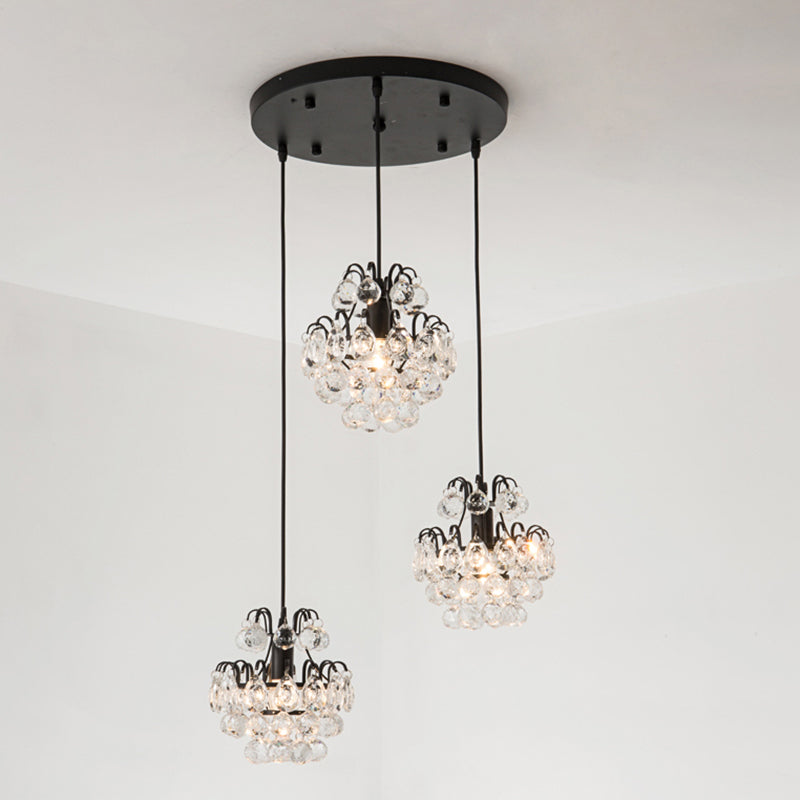 Modern Metal Pendant Light with Clear Crystal Balls and 3 Bulbs - Round/Linear Canopy, Black/Gold