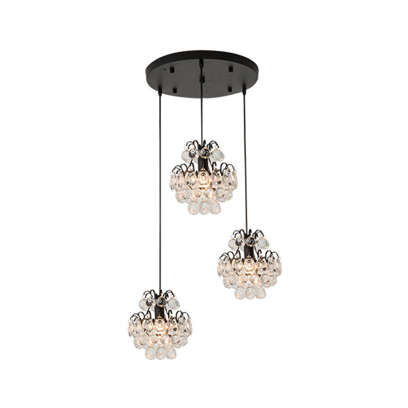 Modern Metal Pendant Light with Clear Crystal Balls and 3 Bulbs - Round/Linear Canopy, Black/Gold