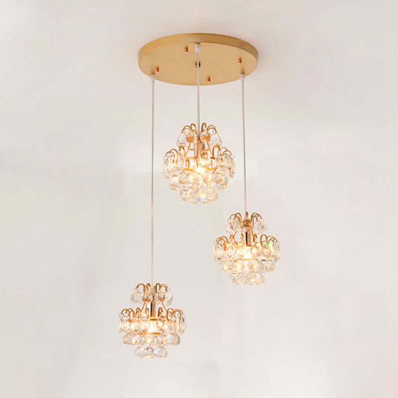 Modern Metal Pendant Light with Clear Crystal Balls and 3 Bulbs - Round/Linear Canopy, Black/Gold
