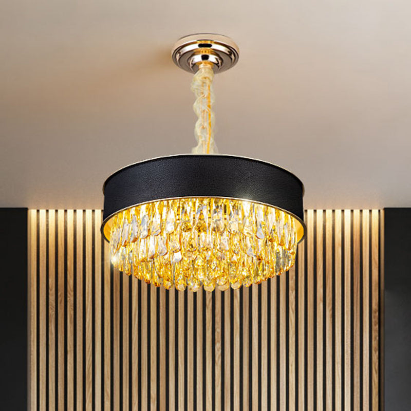 Modernistic Drum Crystal Chandelier - 9-Light Black/Red/Blue Leatherwear Ceiling Hang Fixture