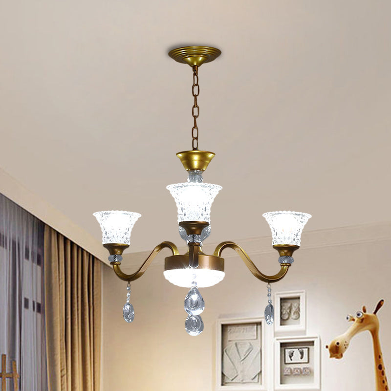 Lustre traditionnel en forme de cloche dorée avec pendentif en verre cristal transparent - Idéal pour le salon - 3/6/8 têtes