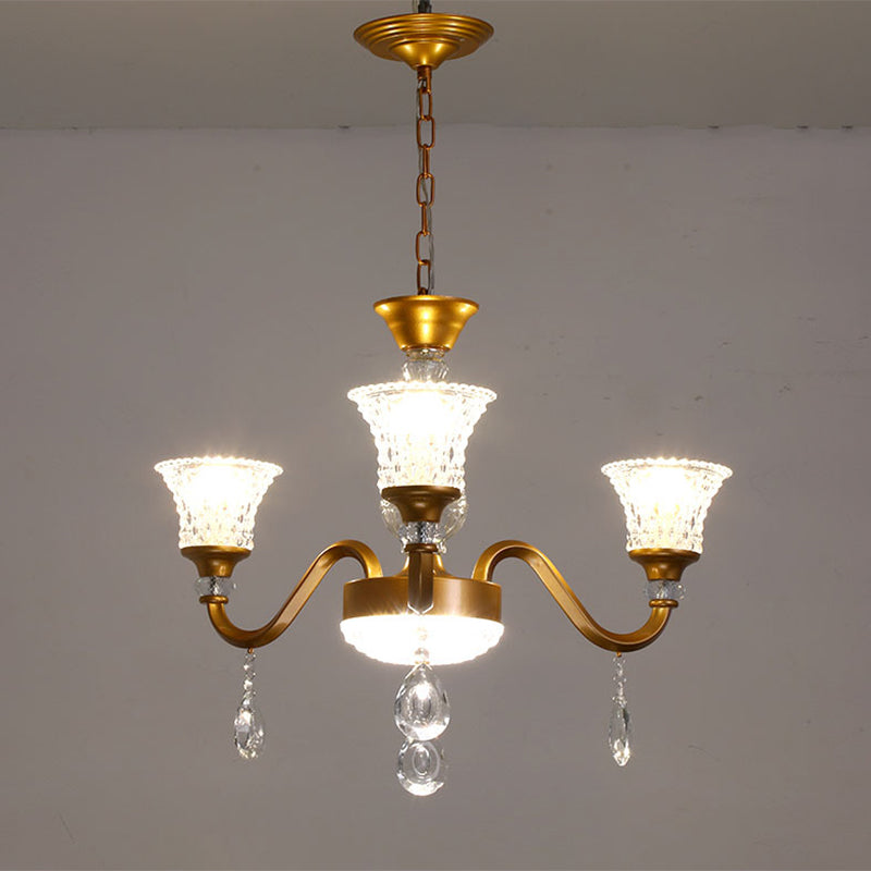 Lustre traditionnel en forme de cloche dorée avec pendentif en verre cristal transparent - Idéal pour le salon - 3/6/8 têtes